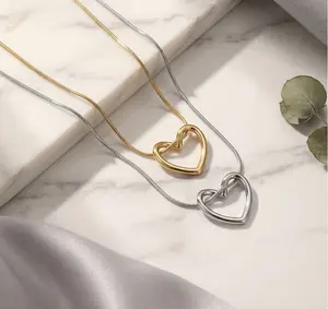 Minimalist Hollow Heart Pendant Necklace, Dainty Stainless Steel Snake Chain Choker, Classic Gold Silver Plated Love Heart Necklace, Waterproof Hypoallergenic Simple Neck Jewelry For Women Daily Dating Wedding Holiday Party Stacking Gift