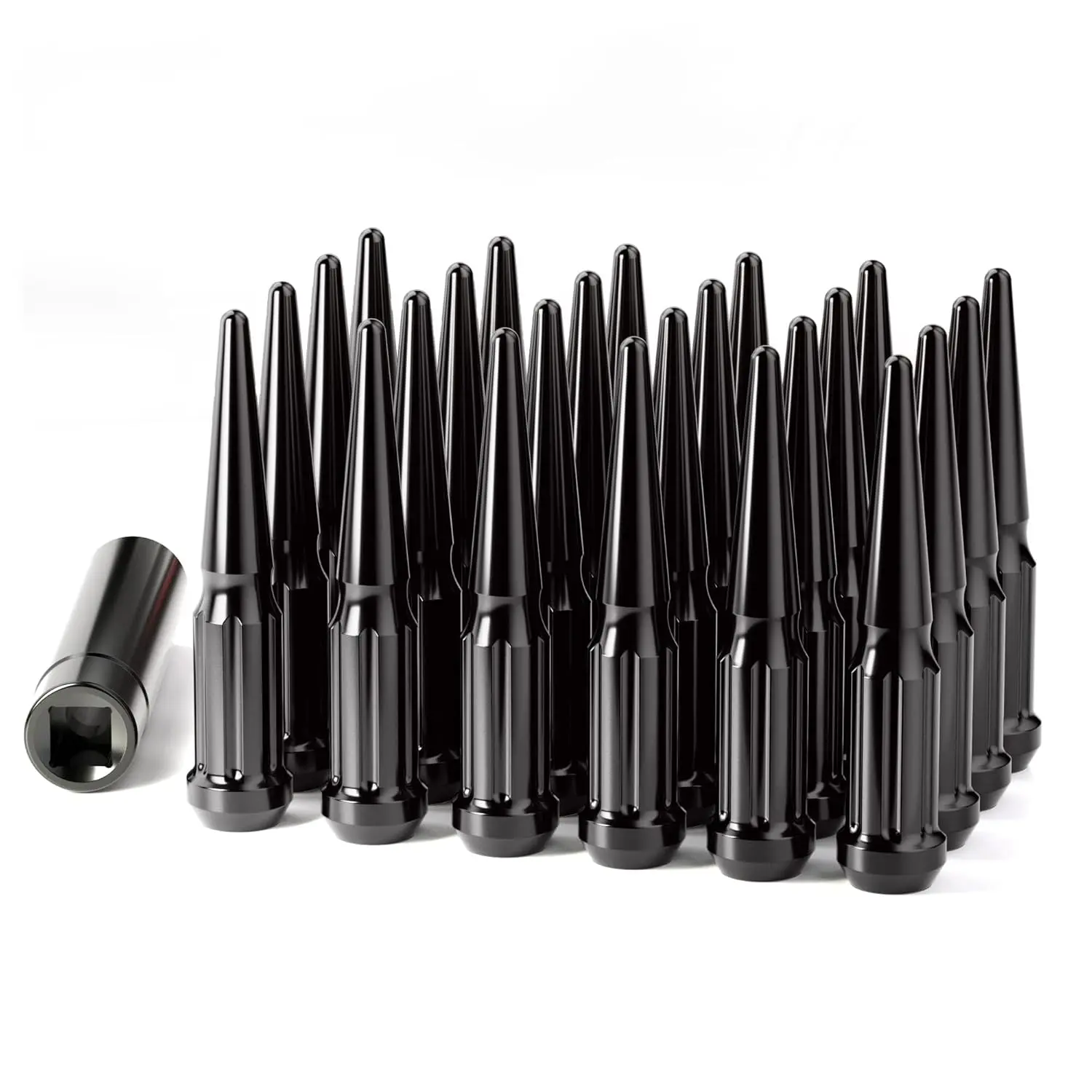 M14x1.5 Spike Lug Nuts, Set of 24 Black Spline Spiked Lug Nut with Key for Chevy Silverado 1500 GMC Sierra Yukon Tahoe Dodge Ram Ford F150, 14x1.5 Acorn Solid Metal Truck Lug Nut Wheel Accessories