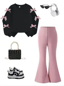 Girls' 2-Piece Comfortable Round Neck Sweatshirt & Bell Bottom Pants Set, Cute Bow Colorblock Fall Winter Casual Wear