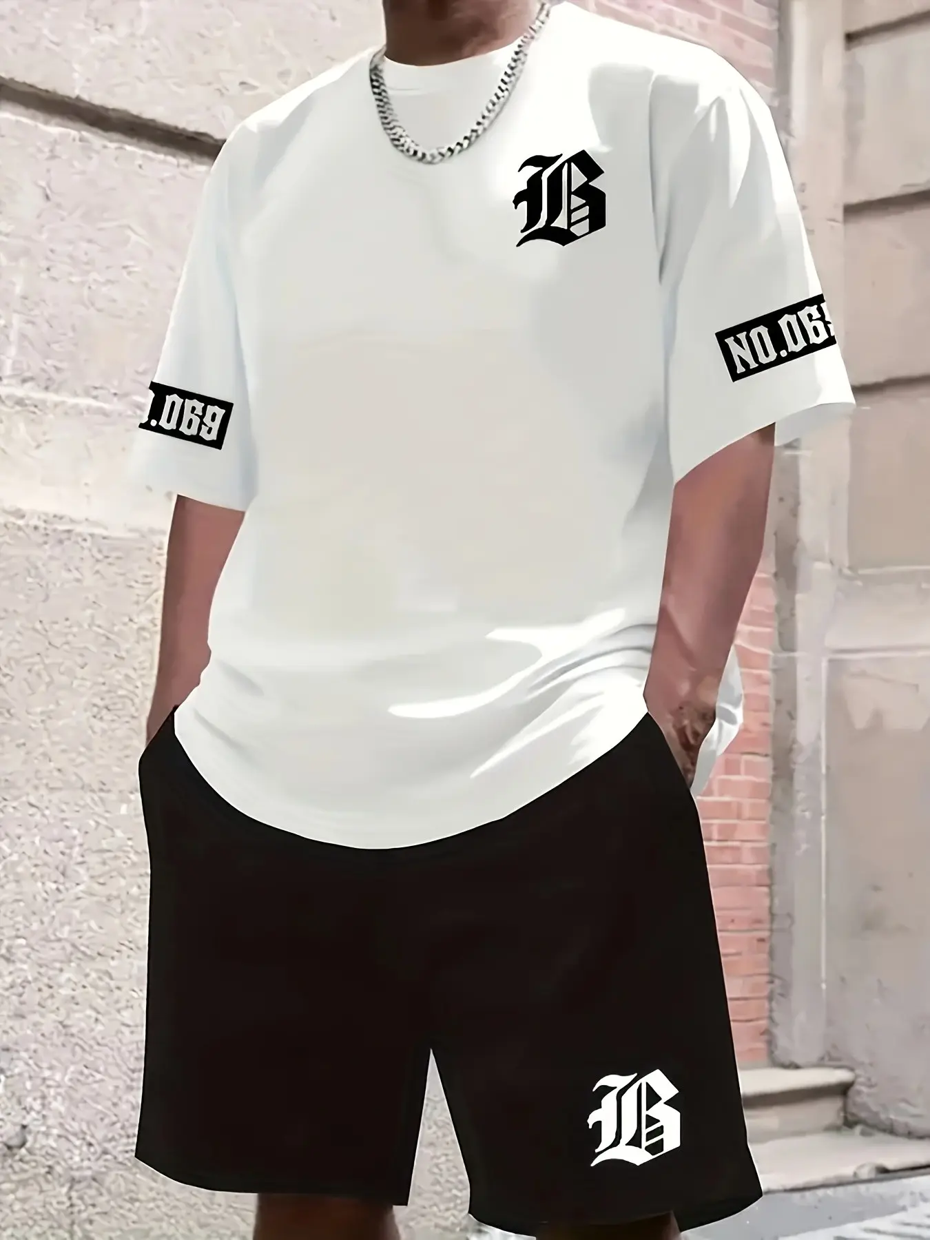 Men's Casual T-Shirt and Shorts Set, Bold B-Style Print, Polyester Knit, Summer Streetwear, Outdoor Comfort