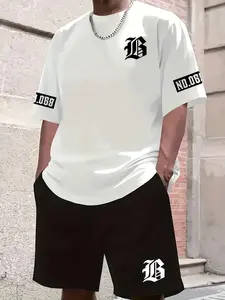 Men's Casual T-Shirt and Shorts Set, Bold B-Style Print, Polyester Knit, Summer Streetwear, Outdoor Comfort