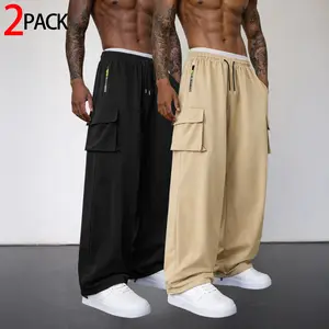 Men’s cargo pants, 2-pack wide-leg straight-cut pants with drawstring, zippered pockets and flap pockets, loose fit, street-style multifunctional pants suitable for everyday wear, travel, commuting, skateboarding, outdoor leisure, and workwear styling.