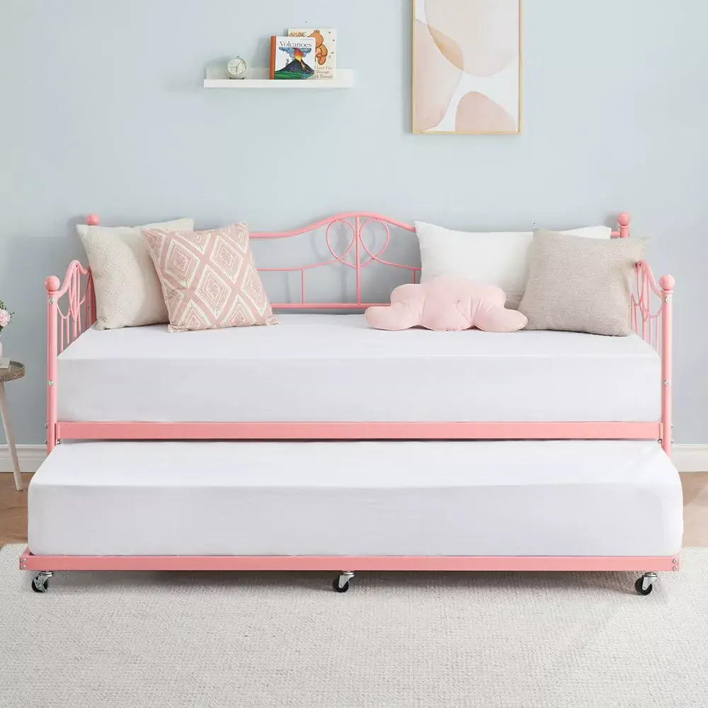 【GARVEE】Twin Daybed with Trundle, Metal Day Beds Twin Size, Sofa Bed for Living Room and Guest Room, Pink