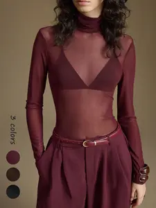 Women's Mesh Sheer Half-Transparent Long Sleeve Top, Sexy Slim Fit, High Neck Design, Fashion Versatile Underwear, 2026 Trendy Clothing