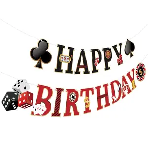 1Pcs Las Vegas Poker Theme Birthday Pull paper Banner – Dice & Chip Garland for Casino Style Party Decor, Gambling Theme Celebration Supplies, Photo Booth Backdrop