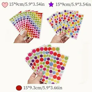 15 Sheets of Bright Stickers, Heart Star Dot Shapes, Self-Adhesive Back, Perfect for Scrapbooking and Crafts, Smooth Edges, One-Time Use