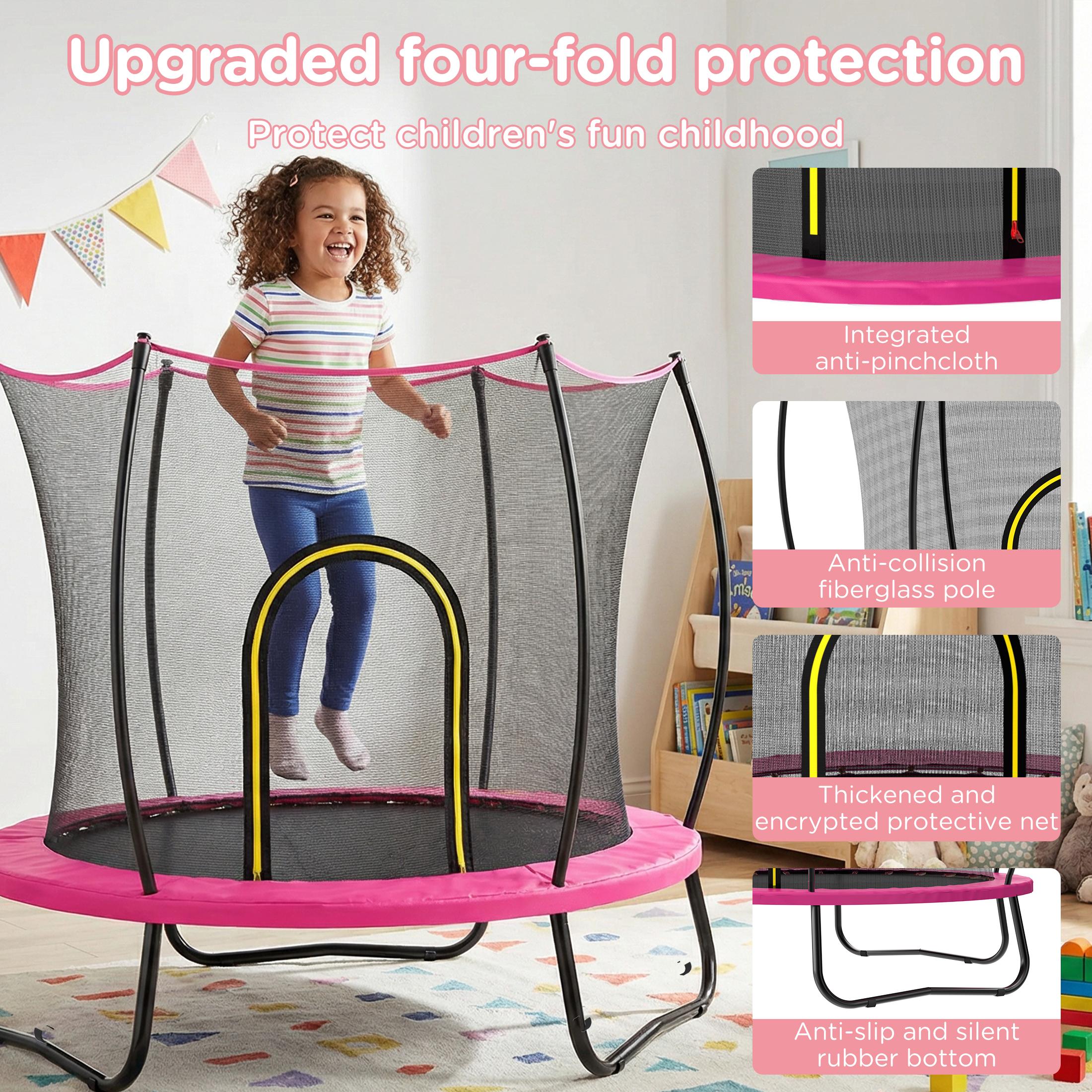 55 Inch Round Trampoline Dark Pink with Safety Net 6 Flexible Poles 3 W-Shape Legs UV Resistant Waterproof for Kids