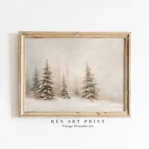 Neutral Christmas Wall Art | Vintage Winter Print | Pine Tree Painting | Beige Christmas Printable | Winter Landscape Holiday Wall Decor l Home Decoration Poster