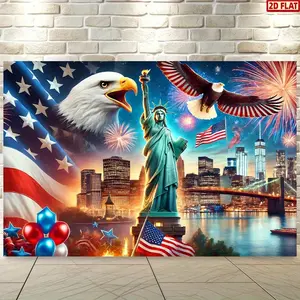 2D Flat Banner, 1pc Banner Patriotic Statue of Liberty and American Flag Background Banner - 8x Durable Wall Hanging, Vibrant Independence Day Decoration with Eagle and Fireworks, Perfect for Living Room, Bedroom,