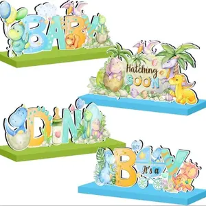 Dinosaur & Letter Design Wooden Sign, 4 Counts/set Baby Shower Centerpiece Sign, Birthday Party Decoration, Home Decor for Living Room Bedroom Signage