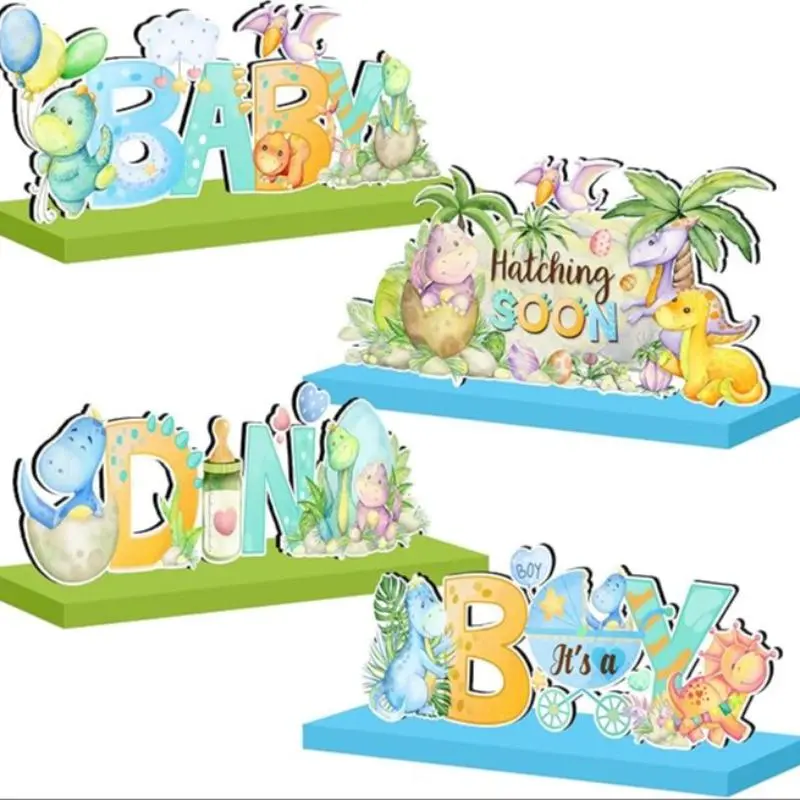 Dinosaur & Letter Design Wooden Sign, 4 Counts/set Baby Shower Centerpiece Sign, Birthday Party Decoration, Home Decor for Living Room Bedroom Signage