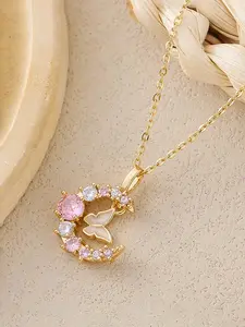 Elegant Zircon Moon Butterfly Pendant Necklace, Stainless Steel Chain, Sweet Women's Jewelry, Perfect Gift for Daily Wear, Charms Necklace
