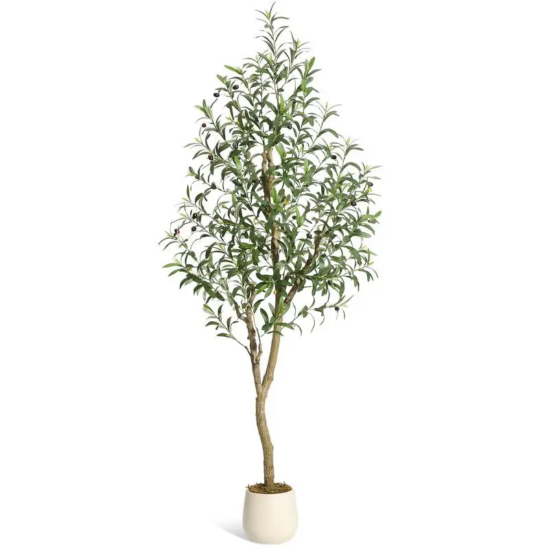 GARVEE 6FT(1PCS) Artificial Olive Tree, UV Resistant Fake Realistic Olive Tree in White Pot with Olives, Moss Decors, Tall Evergreen Faux Plants for Front Door Living Room Garden