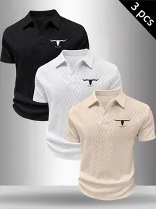 Men's 3-Pack Bull Head Print Graphic Textured Polo Shirts, Casual Western Style Knit Short Sleeve Tops, "Never Stop" Embroidered Tees #WesternPolo #MensPoloShirt #CasualKnitTop #BullHeadPrint #TikTokMadeMeBuyIt