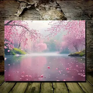 Cherry Flower Abstract Design Pine Wood Frame Wall Art Print, Modern Artistic Home Decor for Living Room Bedroom Wall Accent