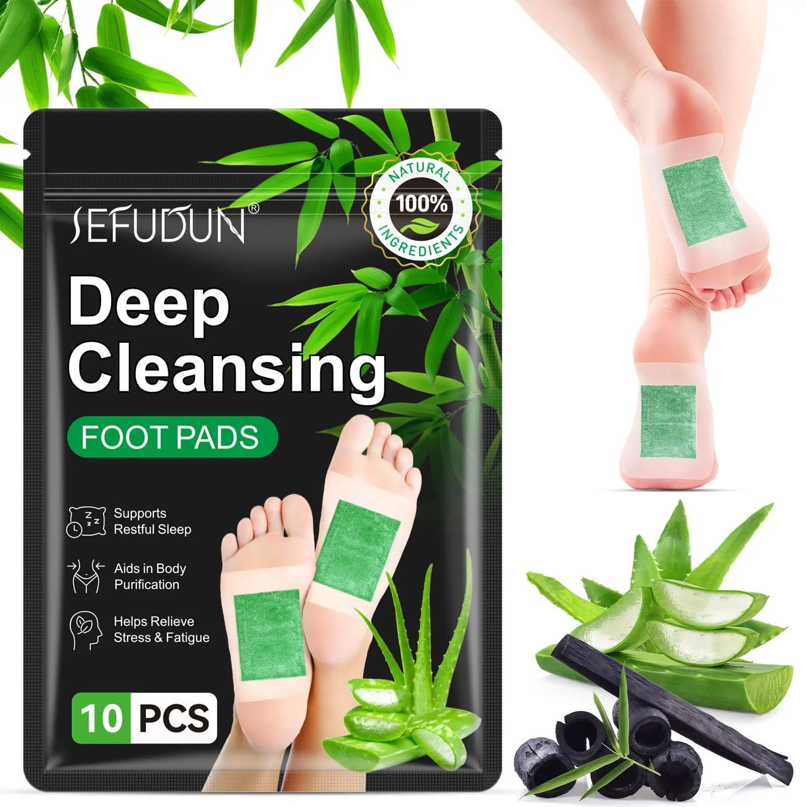 SEFUDUN Aloe Vera Bamboo Charcoal Foot Patches, Infused with Sea Salt, Soothing Natural Ingredients Foot Care Patches for All Ages
