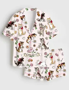 Women’s Cat Tea Party Whimsical Print Short Sleeve Silk Satin Pajama Set Soft Sleepwear