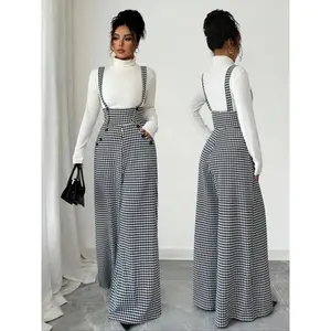 Women's Knitted Houndstooth Plaid Print Belted Pants, Elegant Fall/Winter Fashion, Long Pants with Front Zipper and Pockets, Casual Commuter Wear