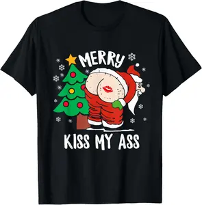 Merry Kiss My Ass Naughty Christmas gifts Funny Santa Claus T-Shirt Pure Cotton Graphic Tees Menswear Top: Gifts for Men & Women