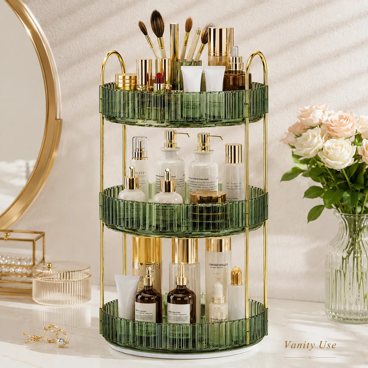 360-Degree Rotating Acrylic Makeup Organizer - 3-Tier Lazy Susan Cosmetics Storage Tray, Large-Capacity Perfume & Skincare Holder for Vanity Countertop, Bathroom (Clear/Amber/Green)