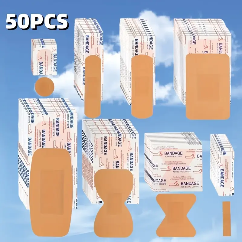 50pcs Assorted Bandages 8 Shapes - Waterproof Mixed Adhesive Strips, First Aid Kit for Fingers, Joints & Wounds