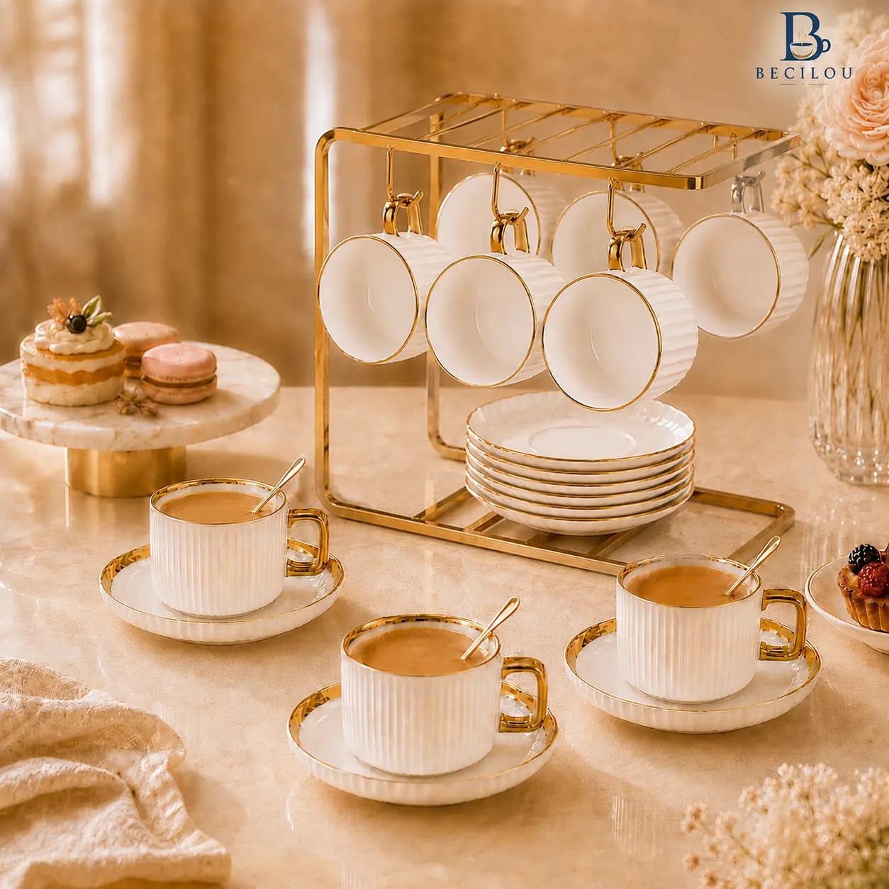 BECILOU Luxury Ceramic 6-Piece Coffee & Saucer Set with Gold Rack, Modern Contemporary Everyday Kitchenware for Home Coffee Corner & Elegant Afternoon Tea Setup, Elegant Home