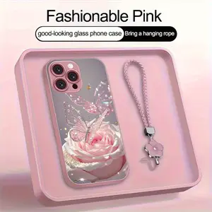High-end Fashion Trend Light Luxury Pearl Butterfly Flower Metallic Lacquered Glass Phone Case with Lanyard for iPhone17 16 15 14 13 12 11ProMax, a gift for all seasons trendy protective cover Smartphone Cellphone