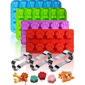 Set of 7, 4 Pieces Silicone Molds in Puppy Dog Paw & Bone Shapes and 3 Pieces Stainless Steel Bone Cookie Cutters For Homemade Treats and Cat, Animal Paw Ice Candy, Chocolate Baking Mold
