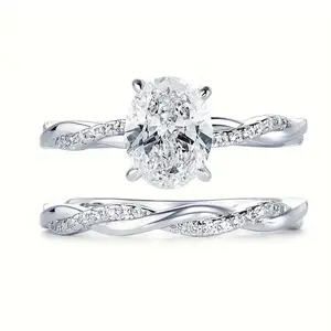 Luxe Oval Cut CZ Engagement Bridal Ring Set |   14K White Gold Plated Twisted Band |   2-Piece Wedding Anniversary Gift