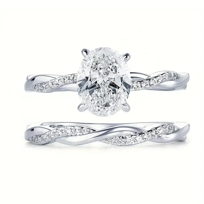 Luxe Oval Cut CZ Engagement Bridal Ring Set |   14K White Gold Plated Twisted Band |   2-Piece Wedding Anniversary Gift