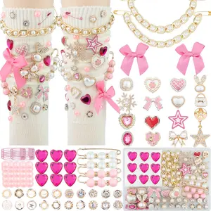 87 Pcs Junk Socks Charms Kit, Gold and Pink Charms for Socks, Brooches and Pins for Women, ShoeCharms with Bows, Sneakers DIY Kit with Pearls Rhinestones Chains