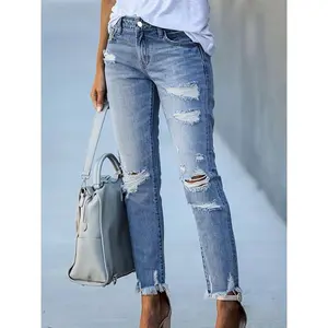Women's Stretch Hole Ankle Pants Street Fashion Straight Tasseled Jeans Slim Fit Ripped Trousers Bottom Womenswear