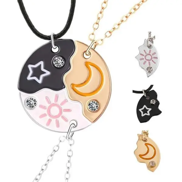 Sun, Moon, & Star Cloud Magnetic Necklace/Bracelet Set for 3/4，Puzzle Design BFF Jewelry for Best Friends & Sisters Ideal Friendship Gift with Rhinestone Detail Perfect for Birthday, Anniversary, Valentine's Day