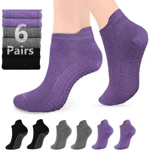 6 PairsPilates Socks with Grips for Women - Non-slip Grippy Gym Socks for Yoga Barre Hospital Workout Barefoot