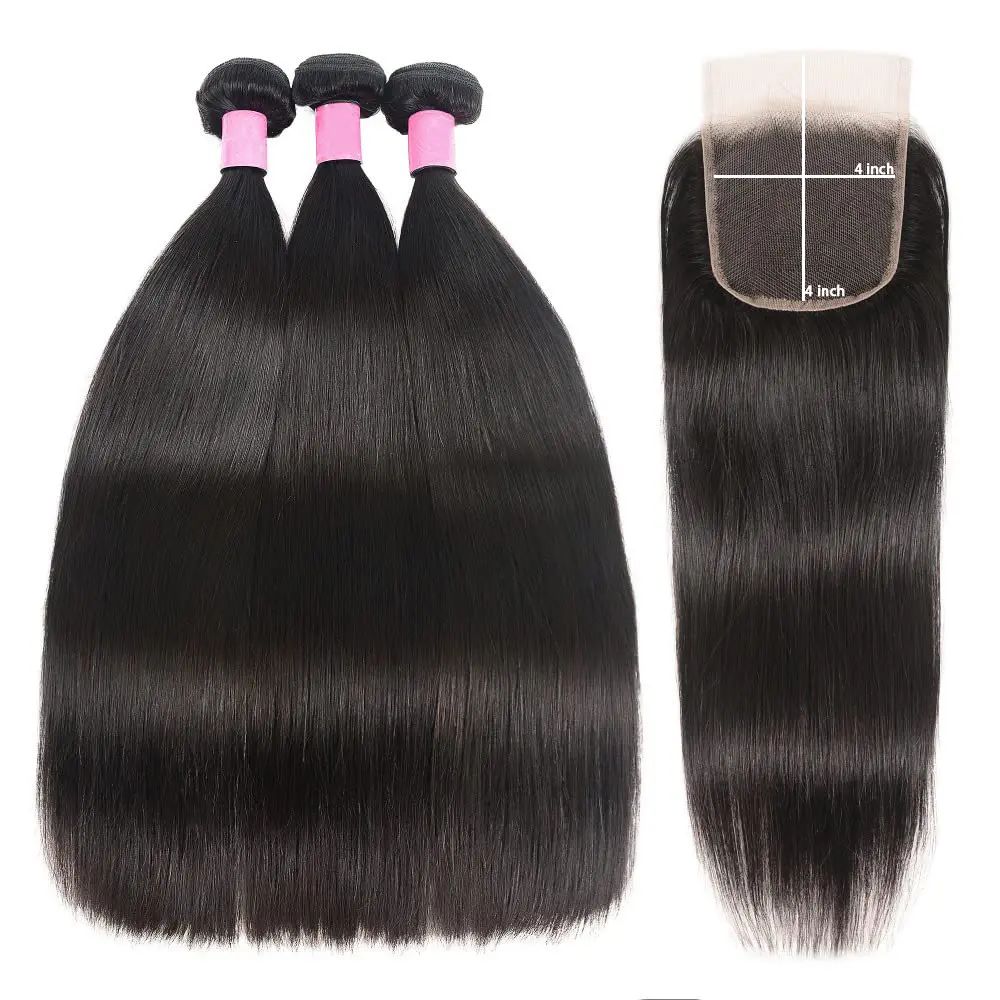12A Straight  Bundles Human Hair with Closure 100% Brazilian Virgin 3/4 Bundles and Closure Human Hair Bundles with Closure 4x4 HD Lace Free Part