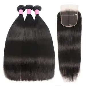 12A Straight  Bundles Human Hair with Closure 100% Brazilian Virgin 3/4 Bundles and Closure Human Hair Bundles with Closure 4x4 HD Lace Free Part