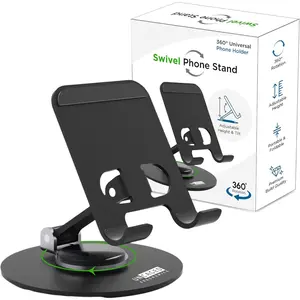 360? Swivel Rotating Adjustable Phone Stand for Desk, Portable & Foldable Cell Phone Stand for Desk, Compact Mobile Stand for Tabletop, Office, Kitchen & Bedroom (Black)