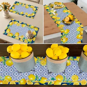 4pcs Placemats Spring Summer Lemon Placemat Cyan-Blue Tile Washable Artificial Lemon Fruits Place Mats Table Mat