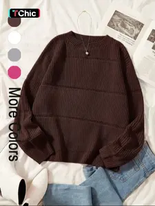 Women's Minimalist Plain Textured Round Neck Sweater, Comfy Clothes for Women, Casual Basic Comfort Drop Shoulder Long Sleeve Jumper for Fall, Ladies Knitwear for Daily Wear, Womenswear, Knit Pullover Tops