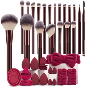 40PCS All-in-One Makeup Tools Set, 20PCS Professional Makeup Brushes, Makeup Sponges, Mini Sponges, Triangle & Mini Air Cushion Powder Puffs, Hairband, Hand Bowl Straps and Makeup Brush Cleaning Tool, Portable Daily Travel Beauty Kit