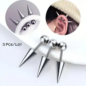 Unisex 3pcs Punk Rock Stainless Steel Spike Helix Stud Earrings - Devil Ear Stack Cartilage Piercing Costume Jewelry Set, Earring Stack