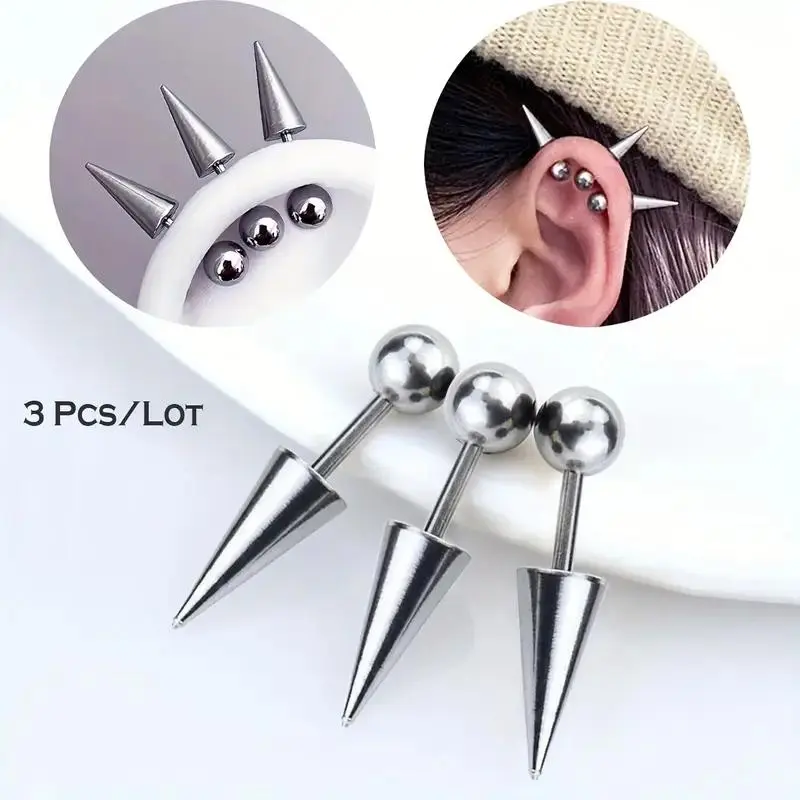 Unisex 3pcs Punk Rock Stainless Steel Spike Helix Earrings - Earring Stack, Body Piercing Devil Cartilage Costume Fashion Jewelry Set (As the Picture)