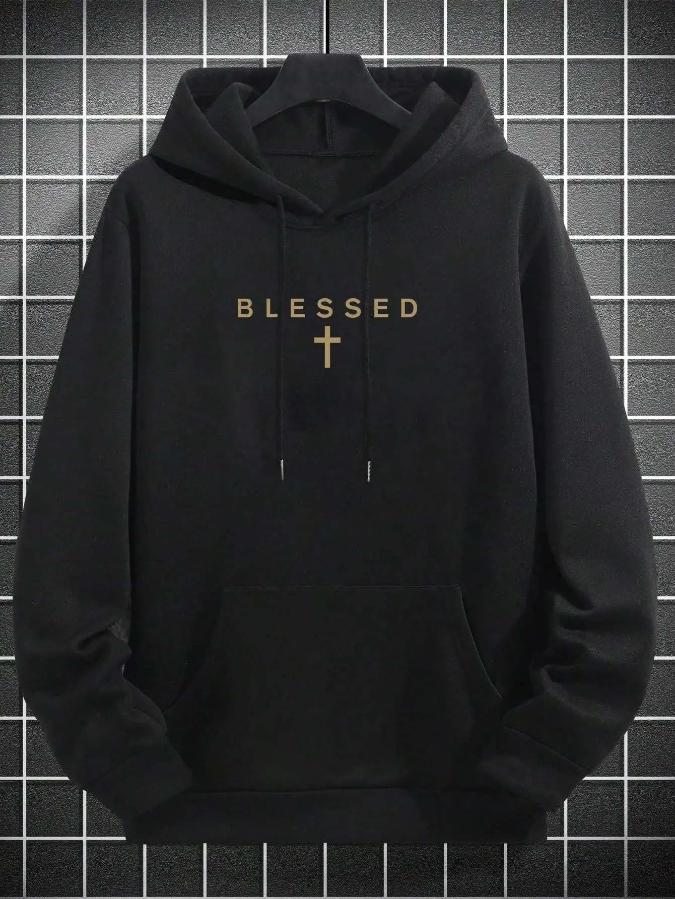 BLESSED Gold Foil Lettering With Small Cross Minimal Front Chest Print Oversized Pullover Hoodie | Christian Faith Religious Simple Aesthetic Black Unisex Heavyweight Hooded Sweatshirt