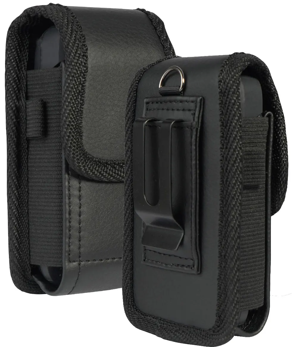 Case for Consumer Cellular Iris Easy Flip Phone, Nakedcellphone Black Vegan Leather Pouch [Belt Loop, Metal Clip, Magnetic Flap] for Jitterbug Flip2, Easyfone t300, Orbic Journey Pro, TCL Flip-4