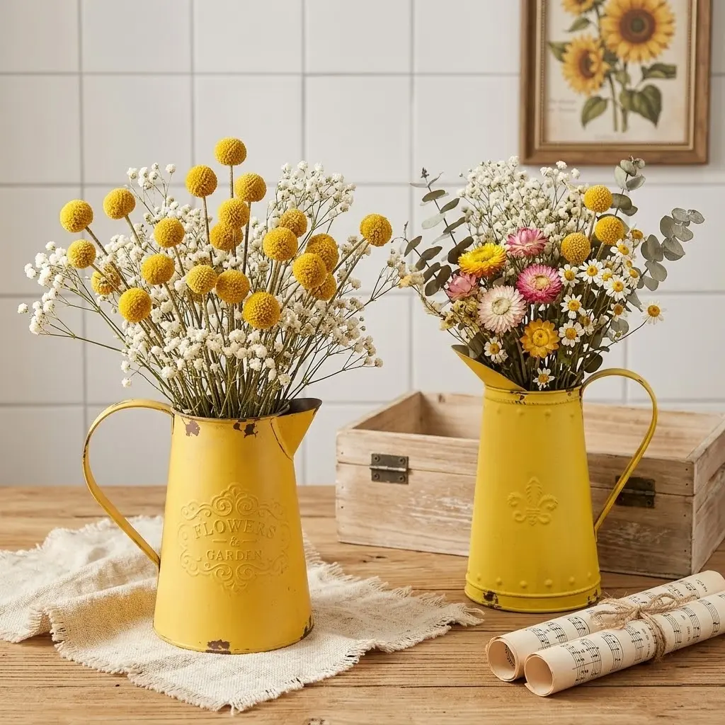 Yellow Metal Flower Vase Vintage Jug Pitcher Shabby Chic Decor Rustic Farmhouse Kitchen Decor for Home
