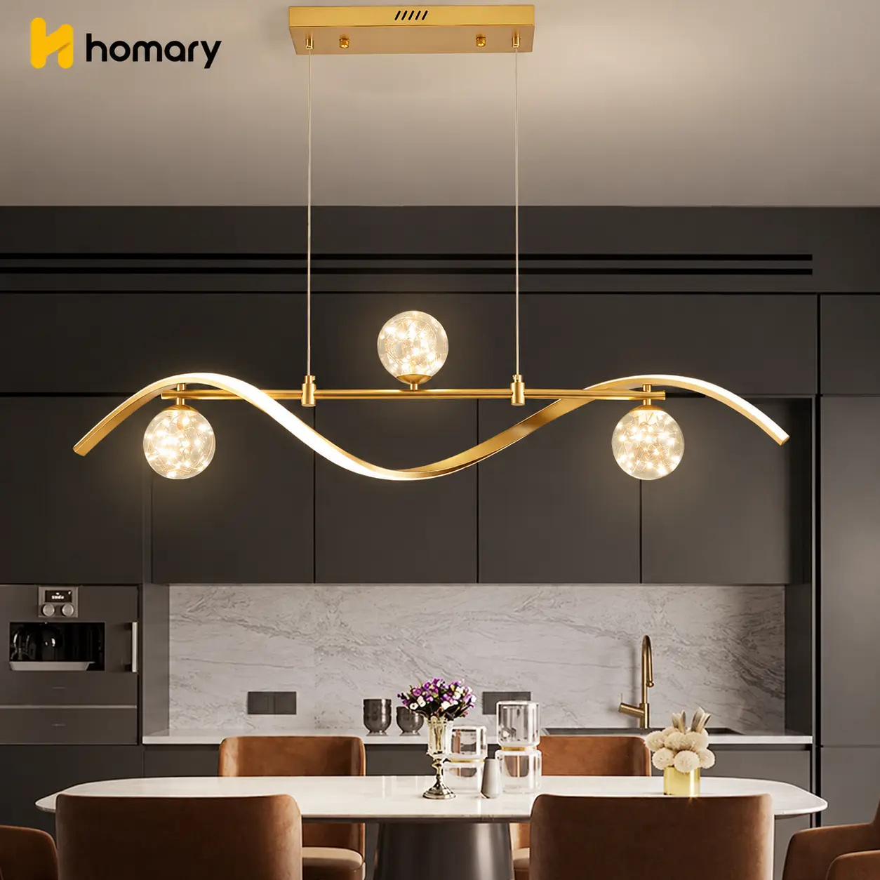 Homary 4-Light LED Linear Kitchen Island Pendant Lamp, Gold Glass Globe Shape Shade, Dimmable Contemporary Decorative Ceiling Lighting with Even Spread & Ambient Style, Decorative Lights, 4Light Even Spread