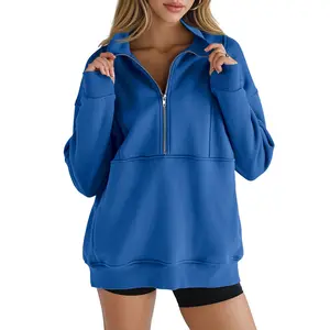 【US Shipping】Women's Half Zip Sweatshirts Fleece Stand Collar Long Sleeve Thumb Hole Oversized Pullovers with Pockets