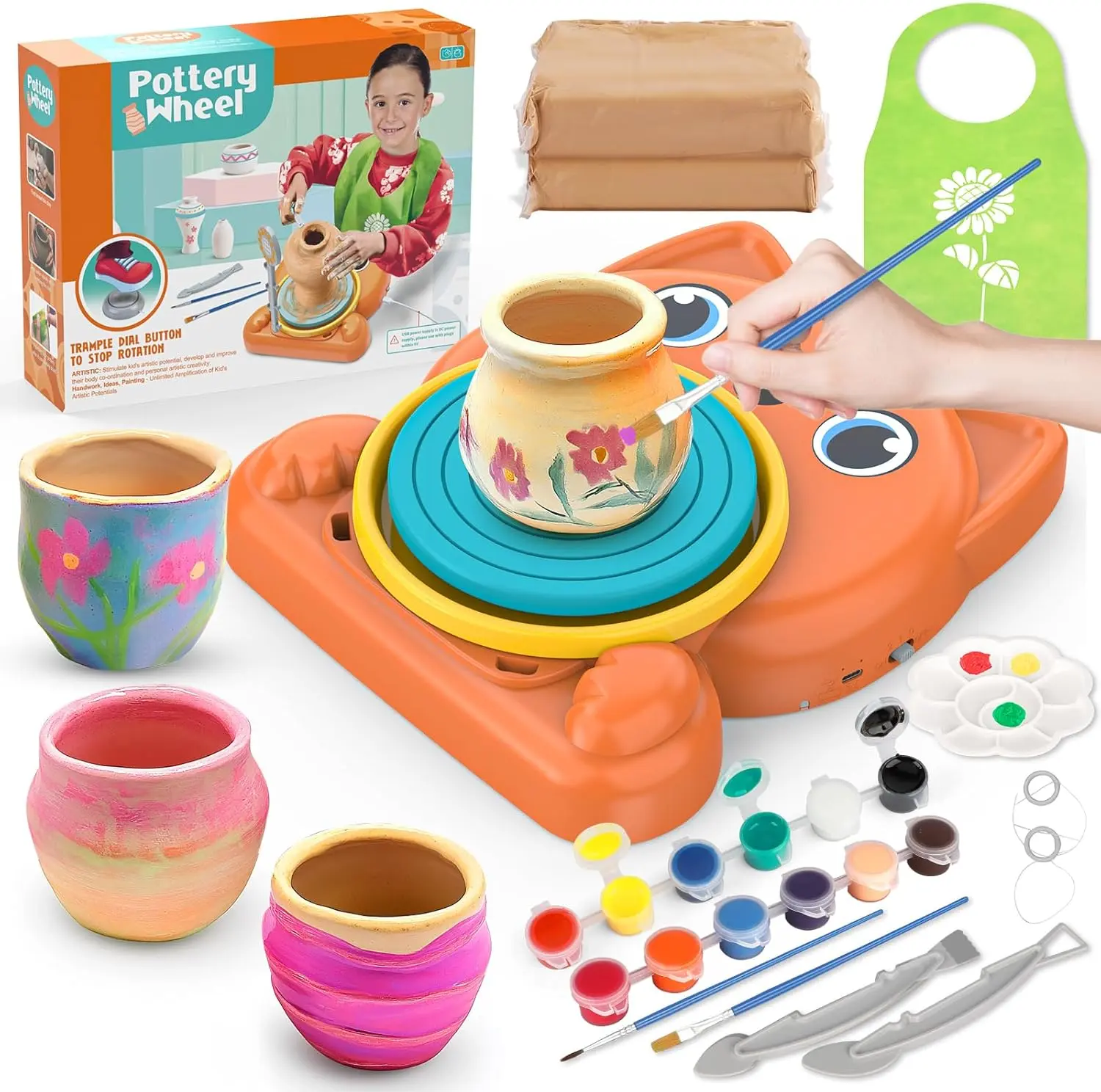 Pottery Wheel Kit for Beginners Kids,Electric Ceramic Wheel with Foot Pedal&Painting Kit, Adjustable Speed,Clay Spinner DIY Tools for Art Craft Birthday