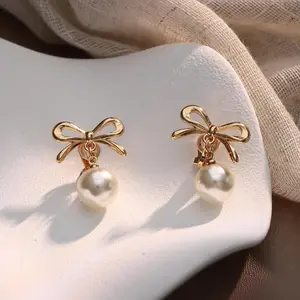 CASSIECA Fashion Earrings - Lightweight Stainless Steel Clip-On Earrings for Women, Faux Pearl Jewelry with Bowknot Decorated/Embellished Designs (Long Drop Dangle, Heart CZ Hoop) - Statement Fake Ear Clips for Wedding Bridal Summervibes