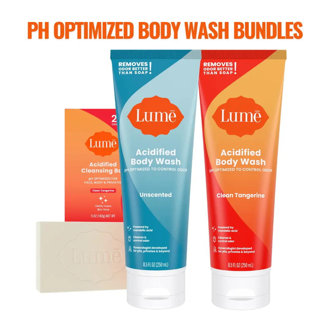pH Optimized Body & Intimate Wash Bundles: Acidified Body Wash or Cleansing Bar Soap - Shampoo, Face, Body, and Shave Bar or Hydrating AHA Body Wash Gel. Powered by Mandelic Acid